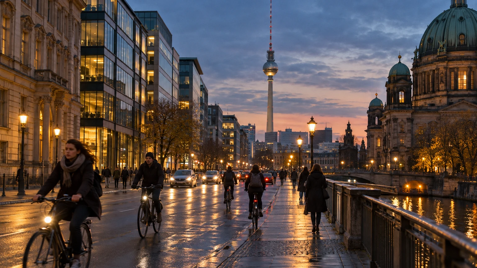 Rue de Berlin à l’heure bleue avec la Fernsehturm au loin