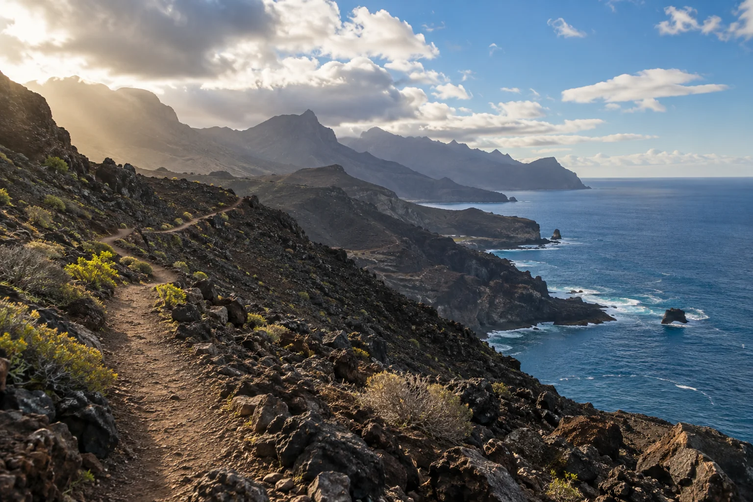 Côte volcanique des Canaries sous un ciel changeant en décembre