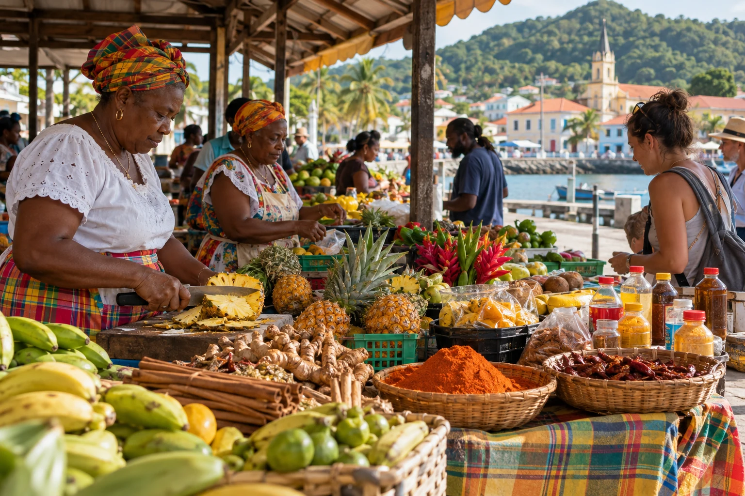 Marché antillais en Martinique ou en Guadeloupe Étals colorés d’un marché antillais