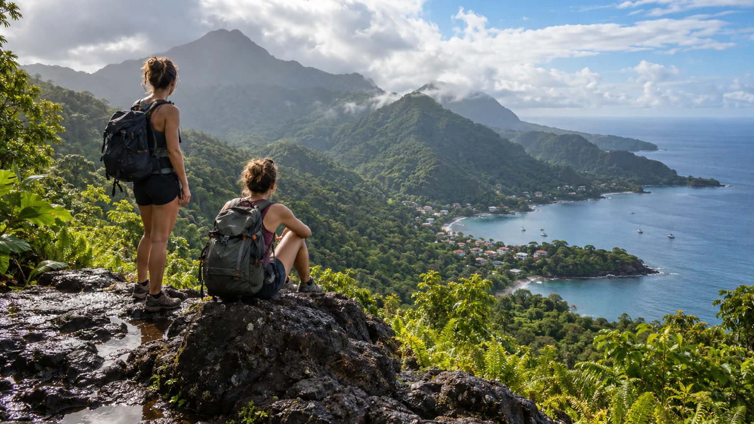 Voyageuses face aux reliefs volcaniques et à la côte de Guadeloupe