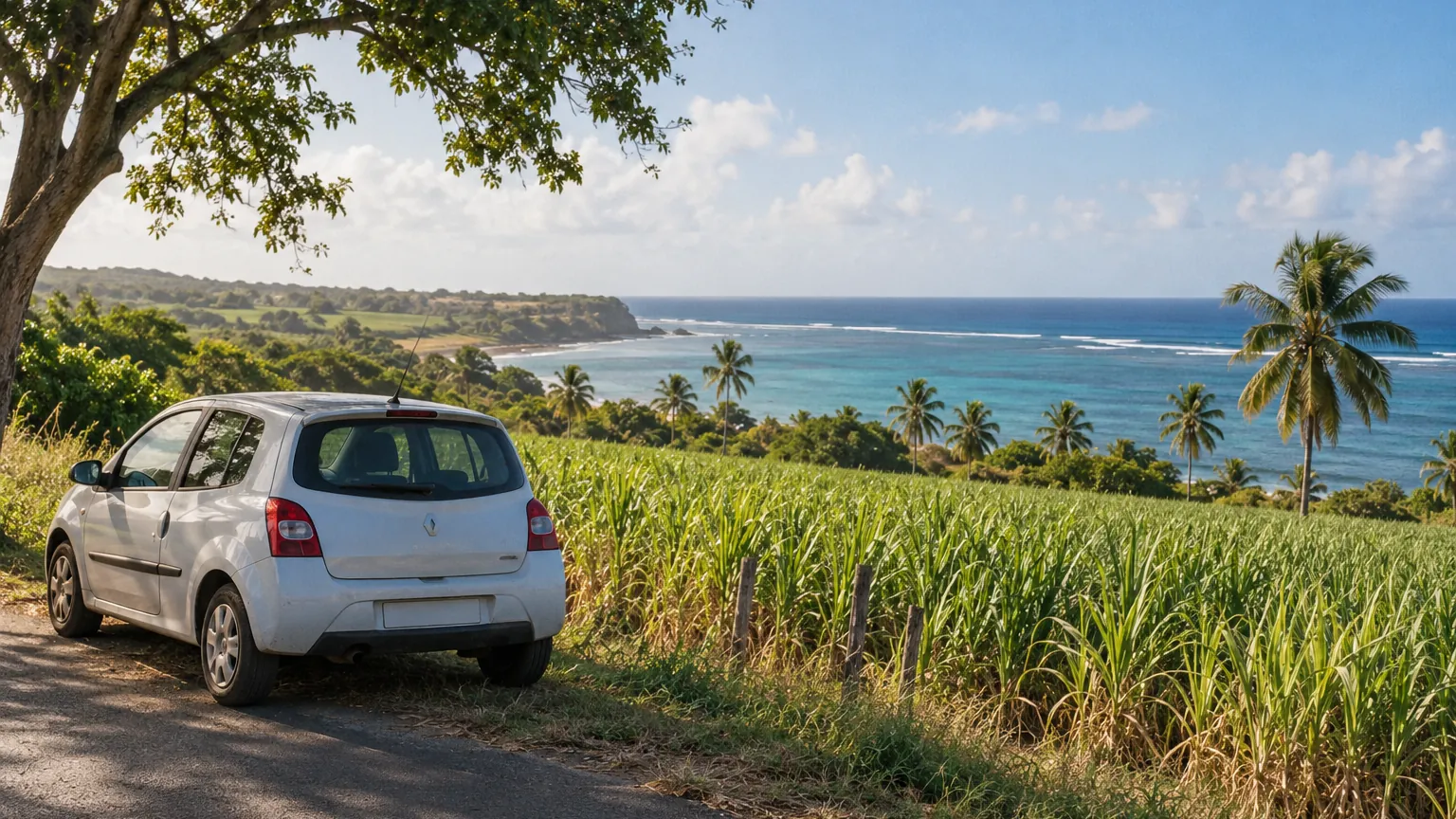 Voiture de location sur une route côtière de Marie-Galante