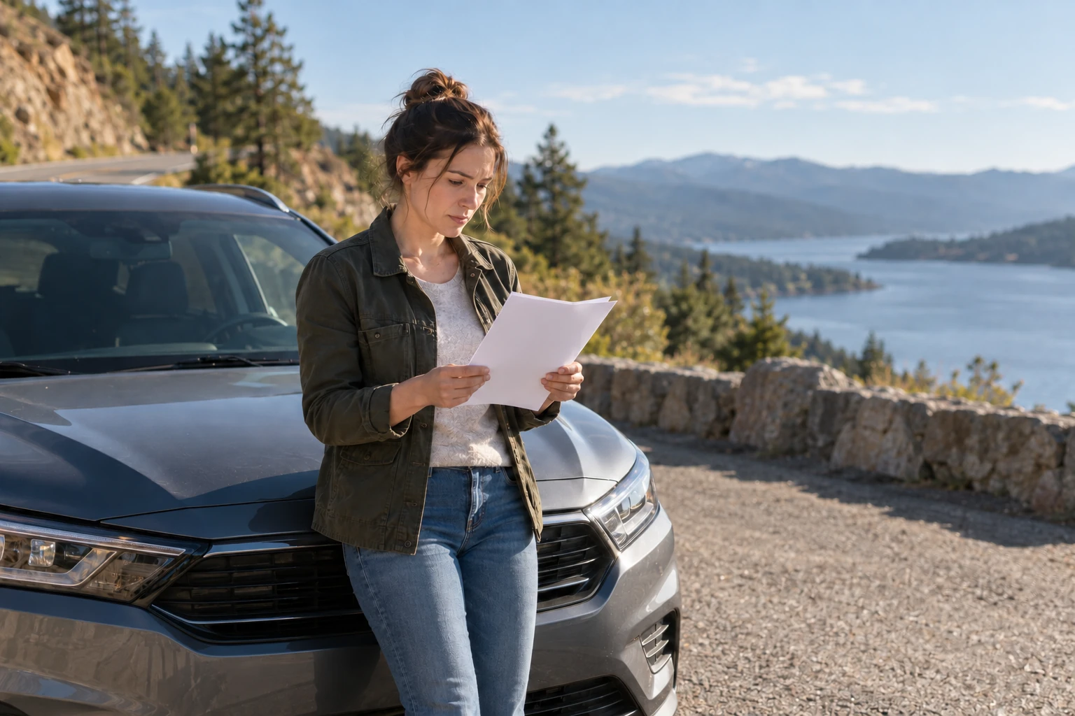 Conductrice consultant des documents près d’une voiture sur une route de montagne