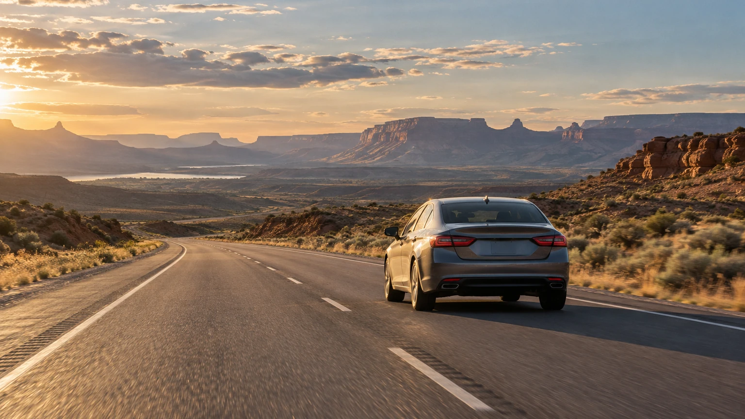 Voiture sur une route américaine au coucher du soleil