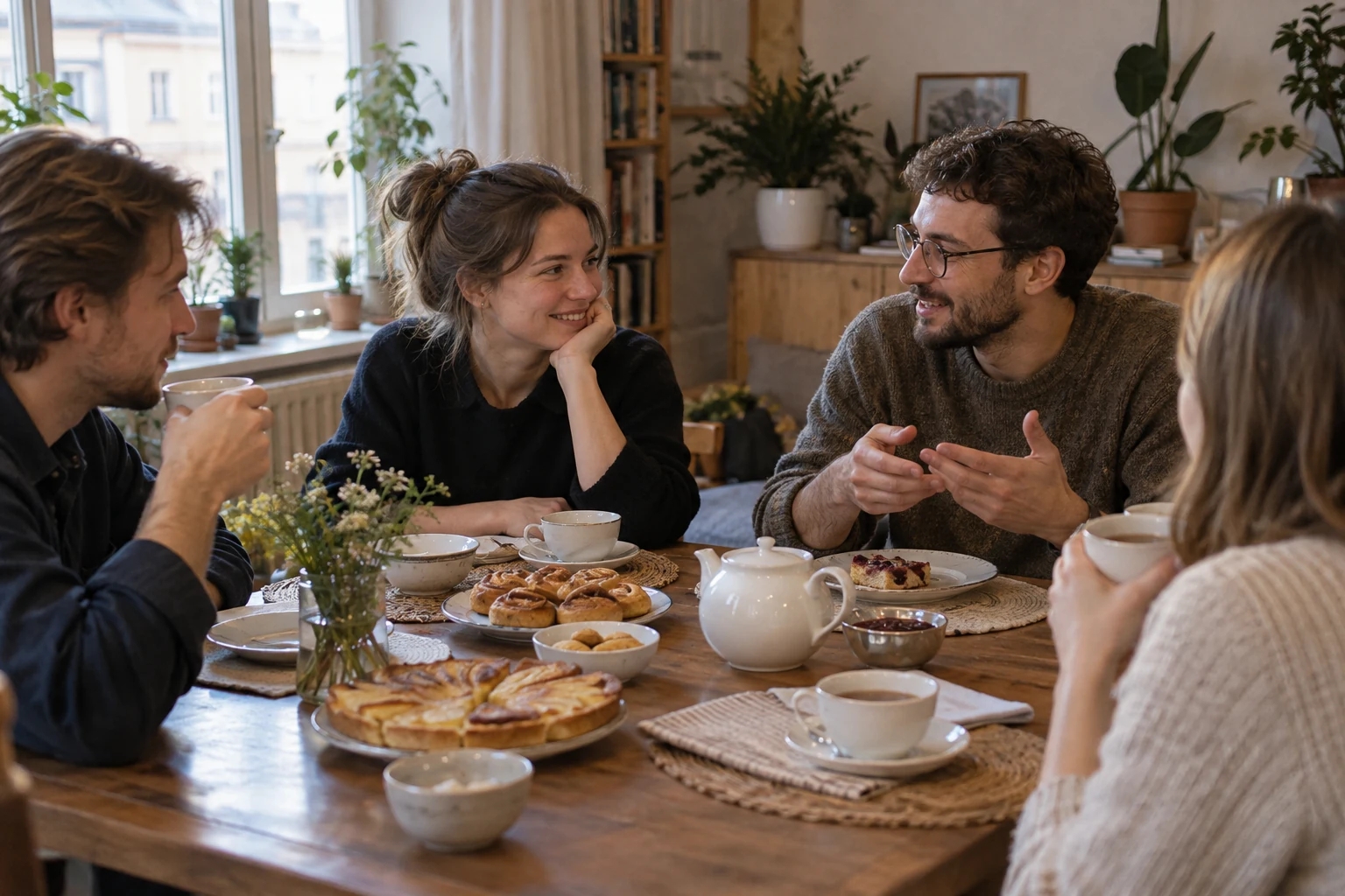 Une invitation entre amis à Moscou sans clichés culturels Amis réunis autour d’un thé dans un appartement de Moscou