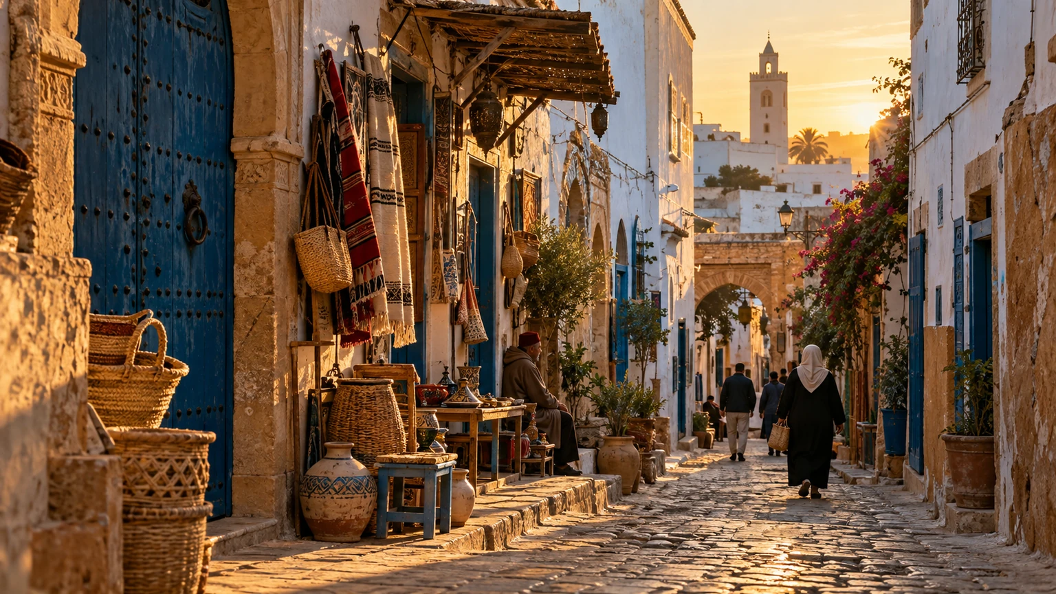 Ruelle artisanale dans la médina de Tunis sous une lumière chaude