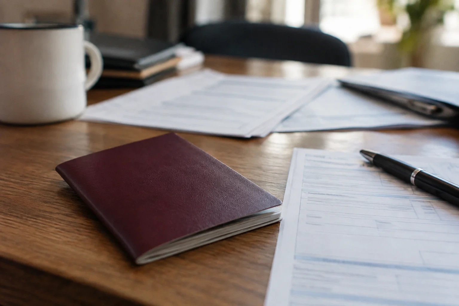 Documents administratifs français et passeport sur un bureau