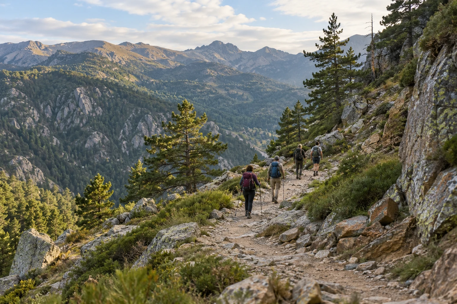 Randonneurs équipés sur un sentier rocheux des Pyrénées Randonneurs équipés sur un sentier rocheux des Pyrénées