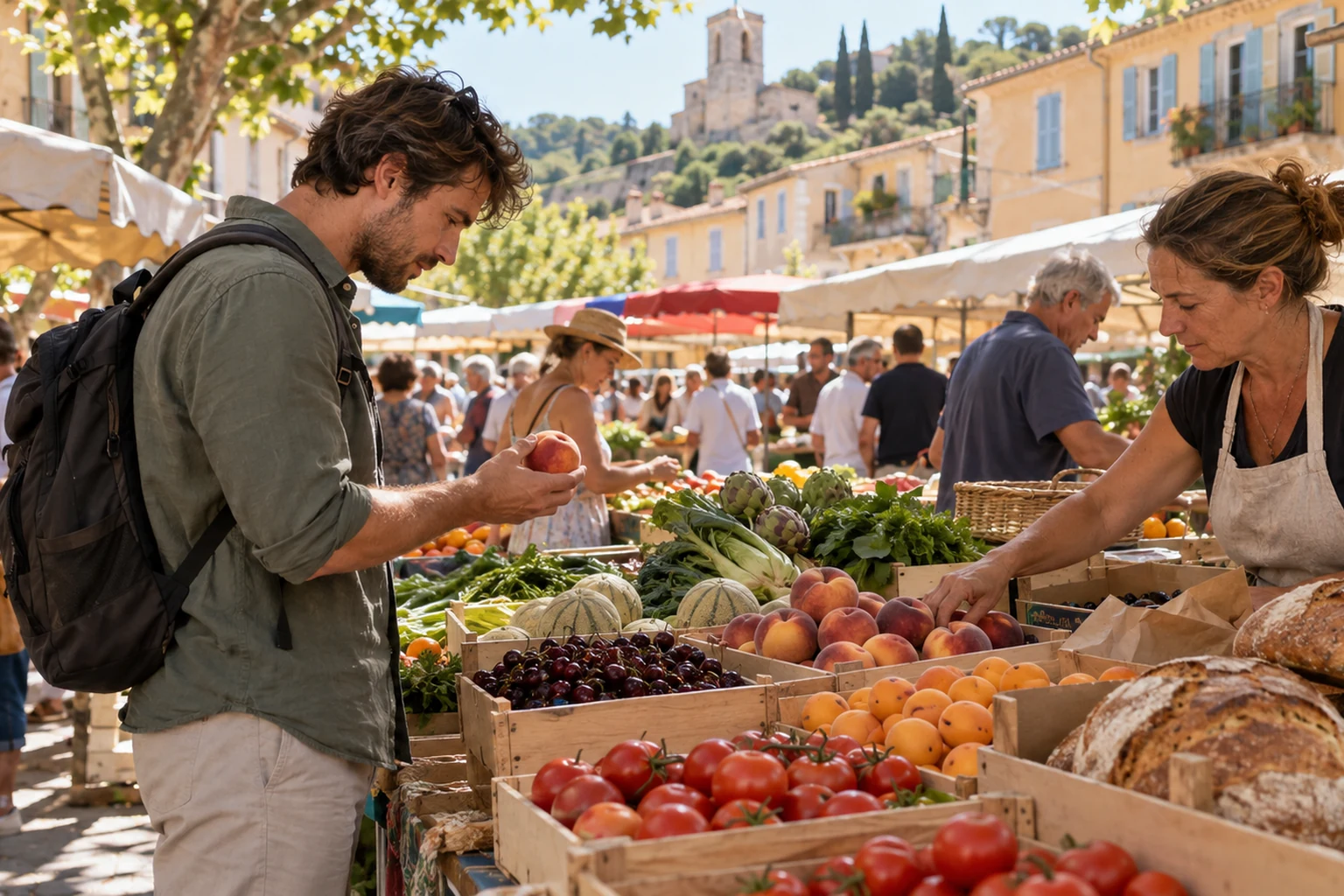Acheter au marché pour maîtriser son budget sur la Côte d’Azur Voyageur faisant ses courses sur un marché provençal de la Côte d’Azur