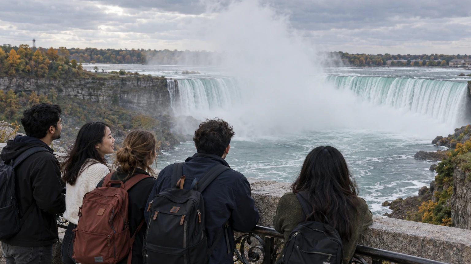 Étudiants internationaux devant les chutes du Niagara au Canada