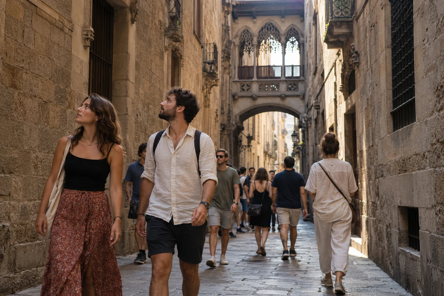 Découvrir le Barri Gòtic pendant une escale à Barcelone Voyageurs marchant dans les ruelles du Barri Gòtic à Barcelone