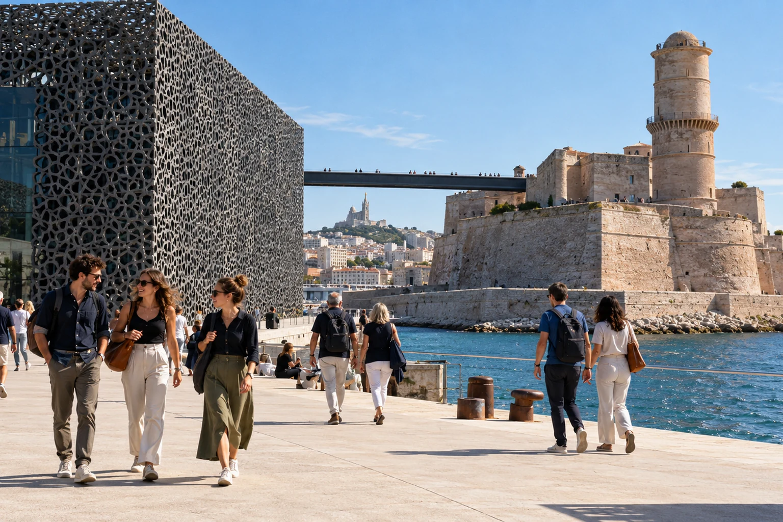 Parcourir le J4 pendant une escale à Marseille Voyageurs sur l’esplanade du J4 entre le Mucem et le fort Saint-Jean