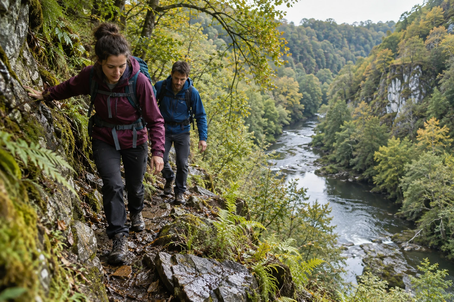 Randonnée dans les gorges de l’Auvézère à Saint-Mesmin Sentier boisé et rivière dans les gorges de l’Auvézère près de Saint-Mesmin