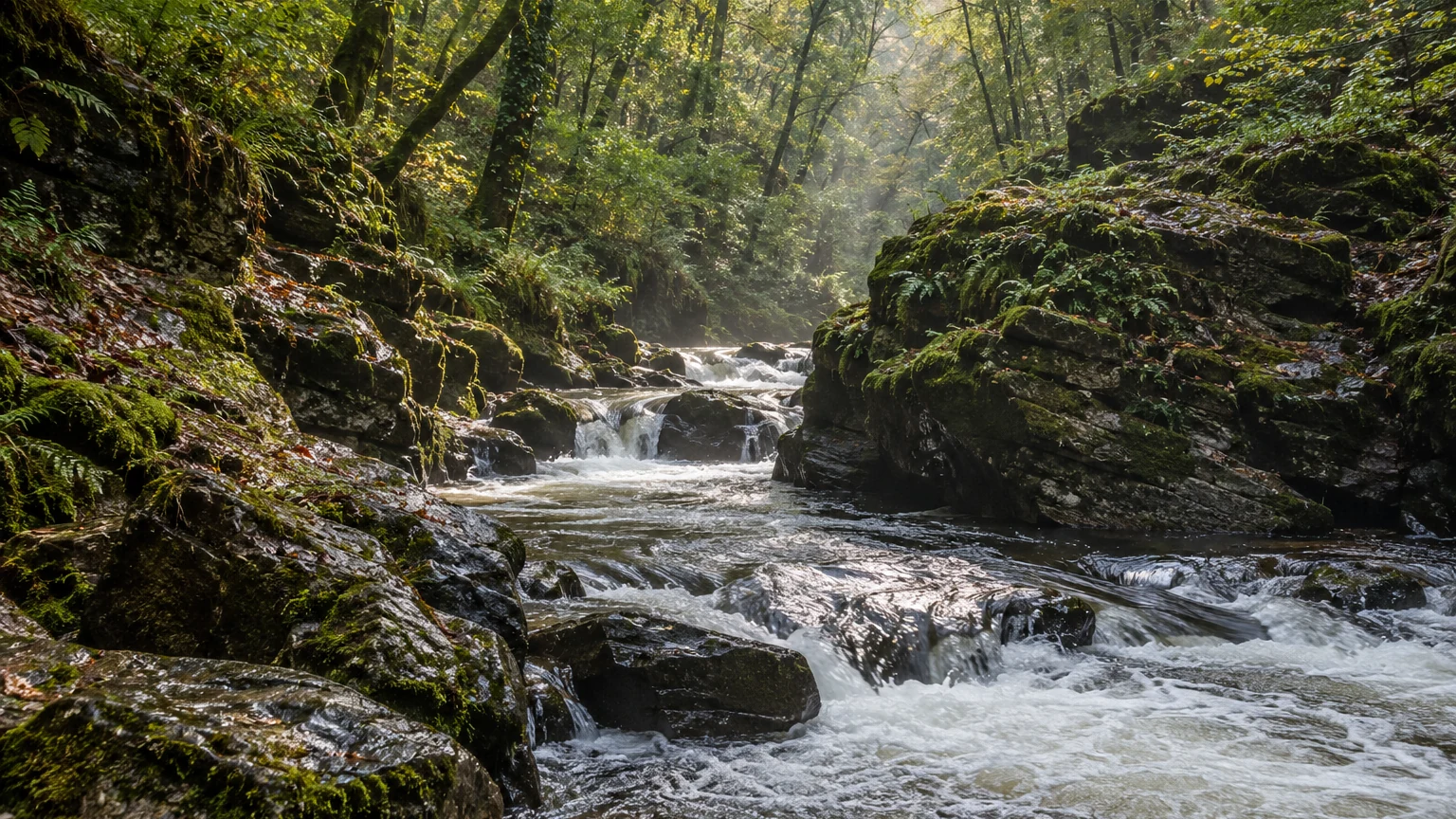 Rivière sauvage dans les gorges boisées de l’Auvézère