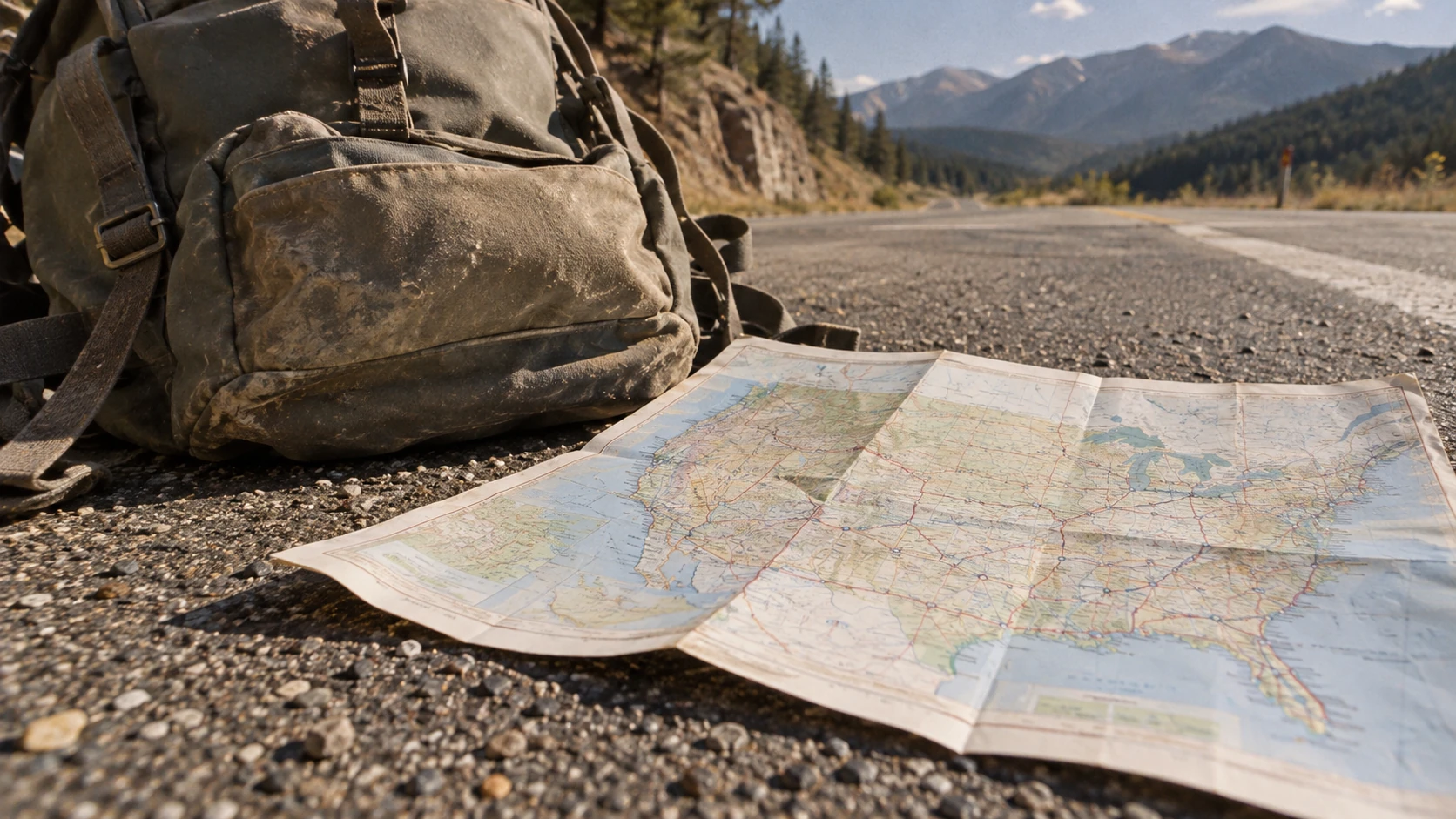 Voyageur au bord d’une route américaine près d’un truck stop
