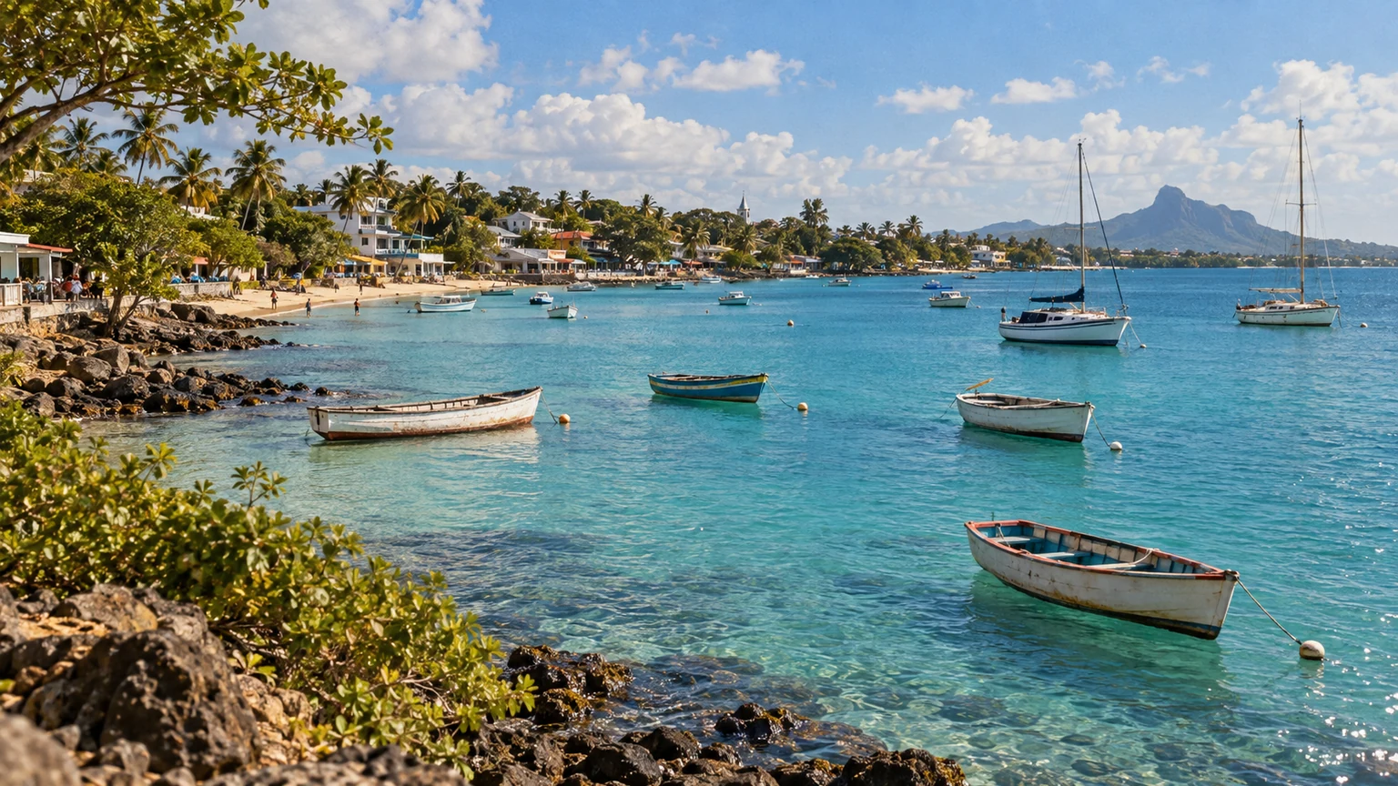 Lagon et embarcations dans la baie de Grand Baie à Maurice