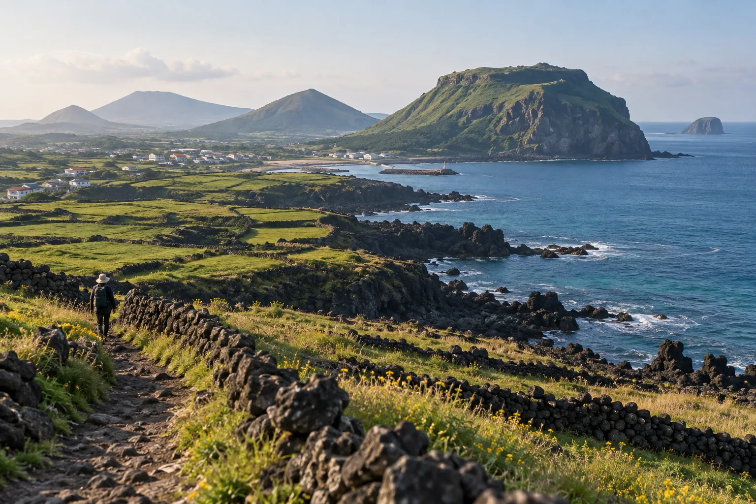 Paysage volcanique côtier et murets de basalte sur l’île de Jeju