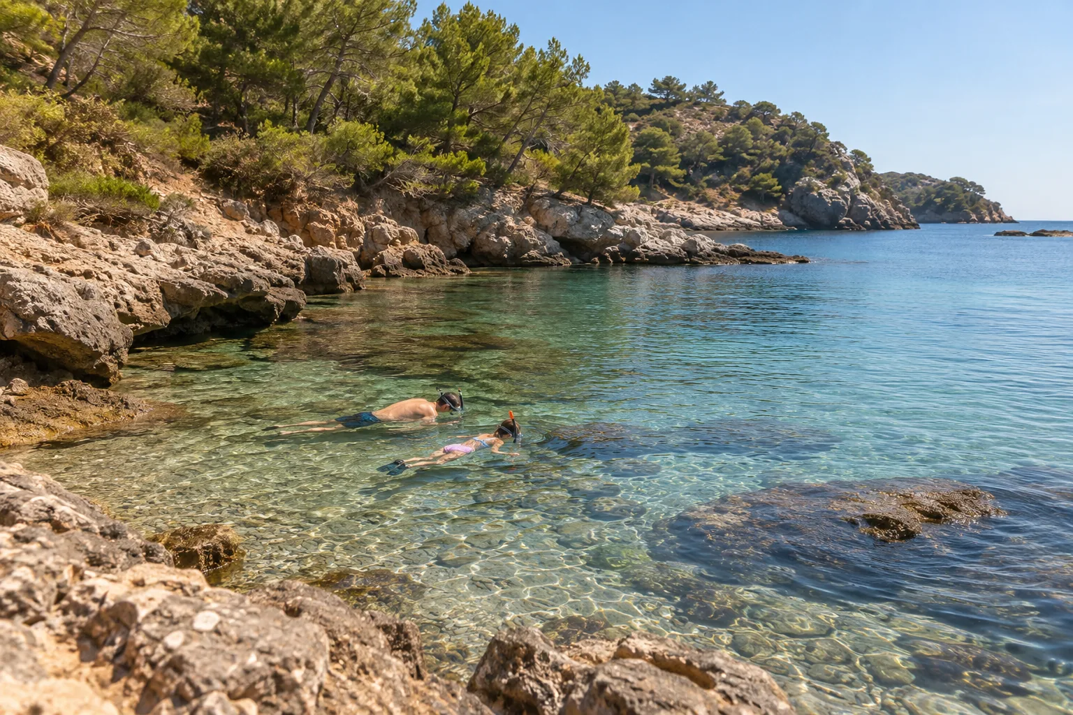 Baigneurs dans une crique rocheuse aux eaux claires d’Ibiza