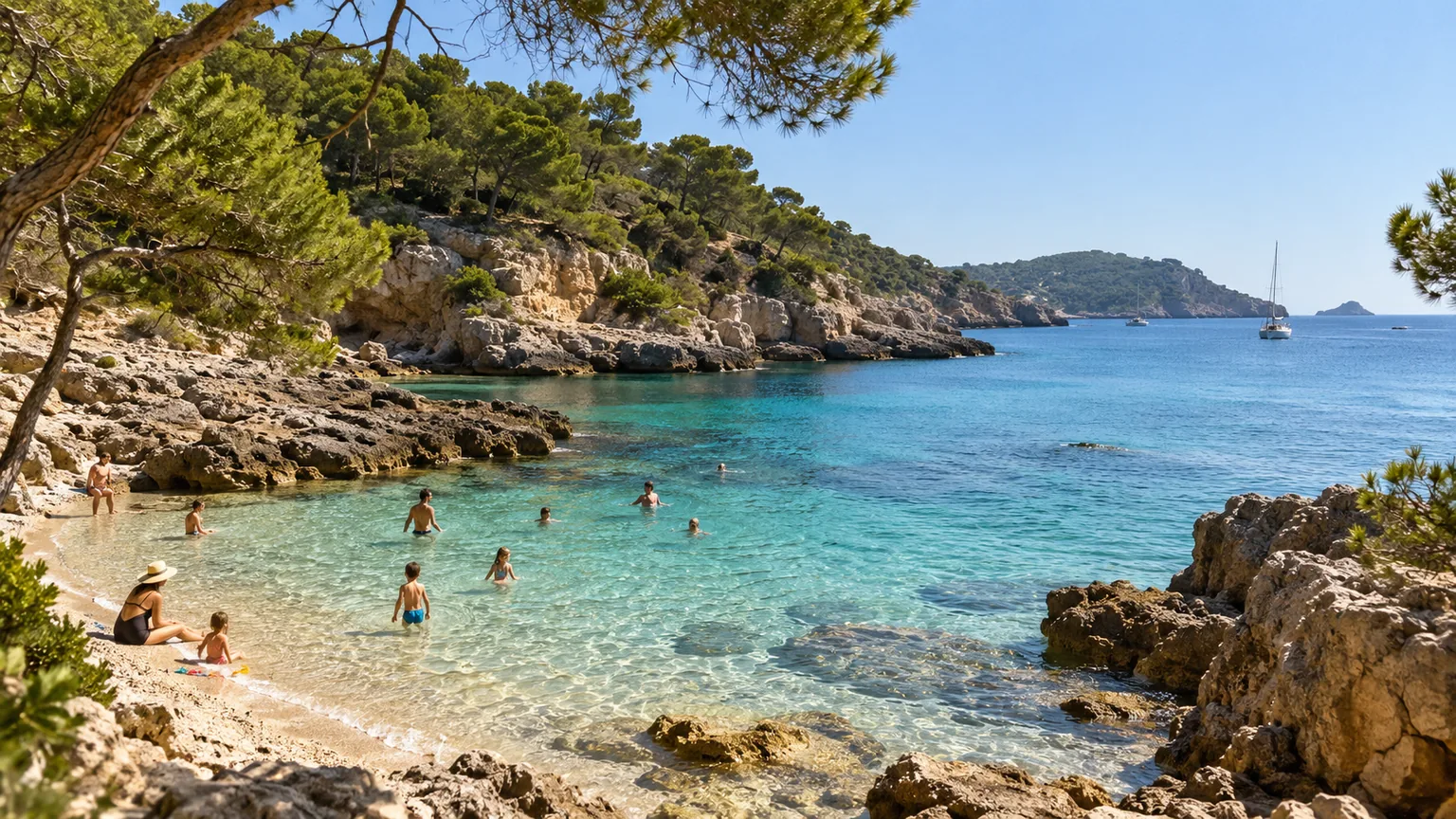 Crique rocheuse bordée de pins avec des baigneurs à Ibiza