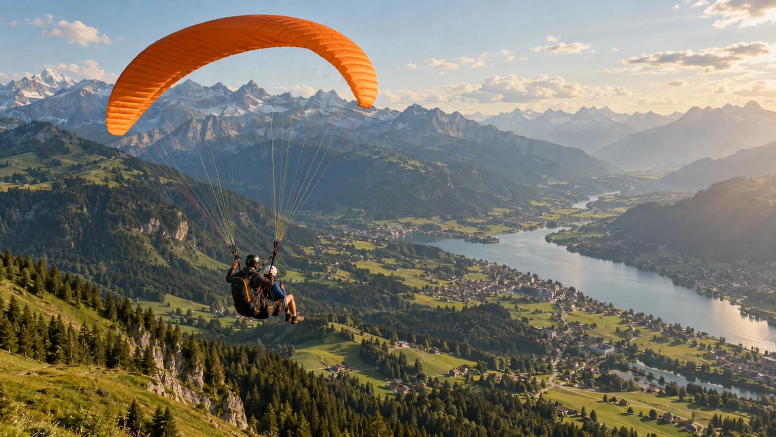 Parapente biplace survolant une vallée alpine en été