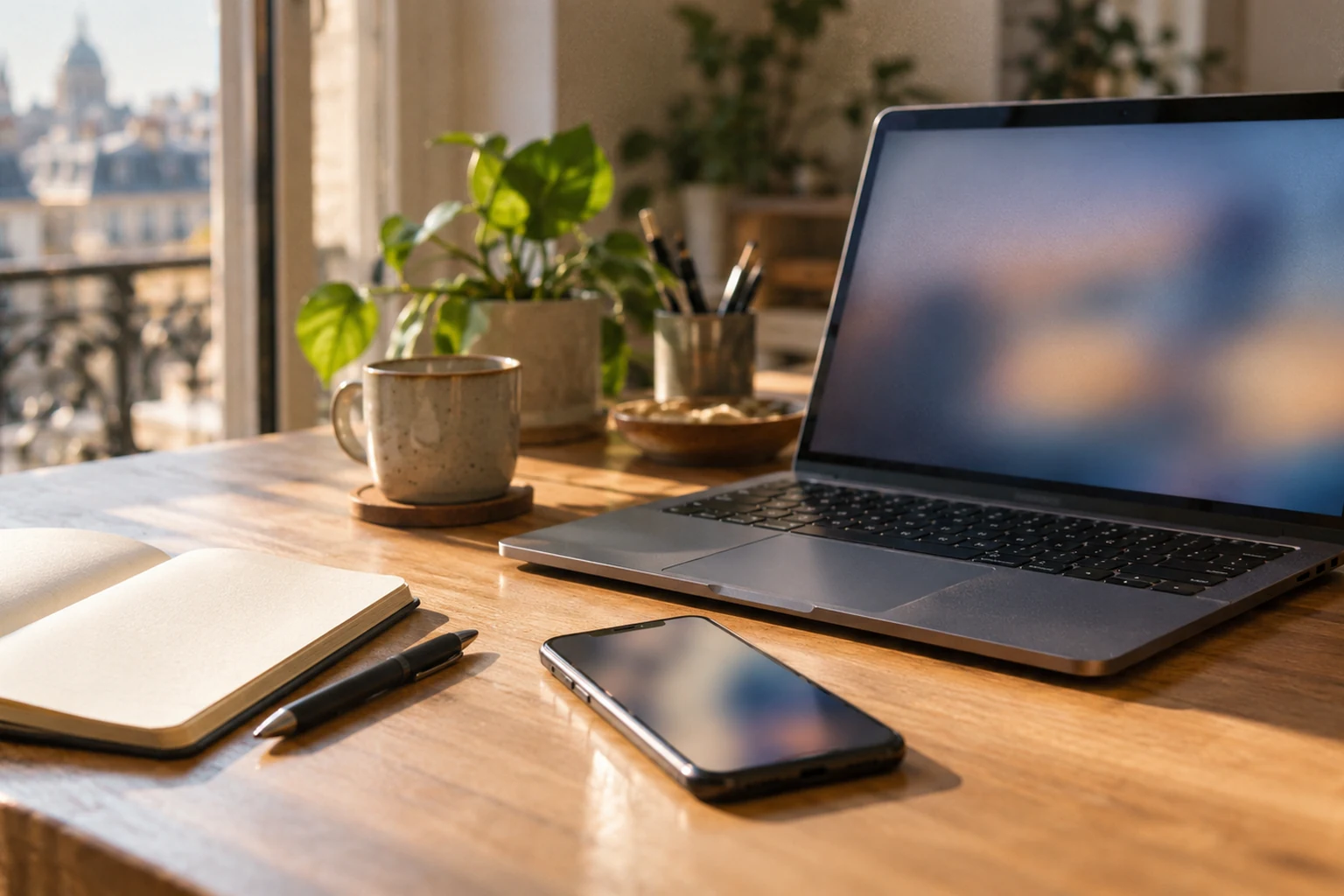 Ordinateur professionnel utilisé dans un environnement de bureau parisien