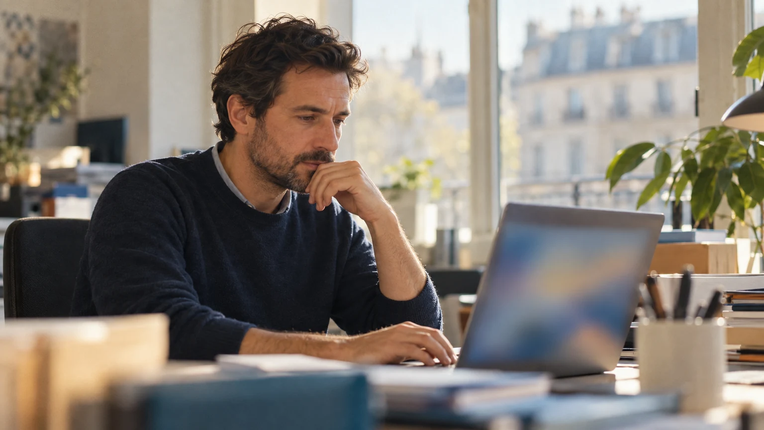 Ordinateur professionnel utilisé dans un environnement de bureau parisien