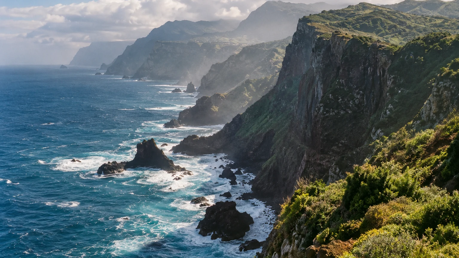 Littoral volcanique et falaises verdoyantes de l’île de Madère