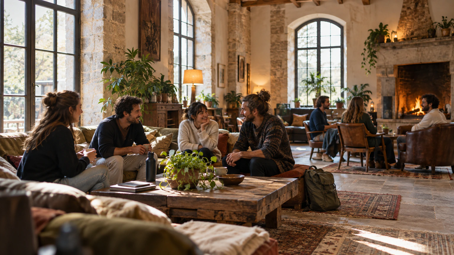 Voyageurs réunis dans le salon lumineux d’une auberge européenne