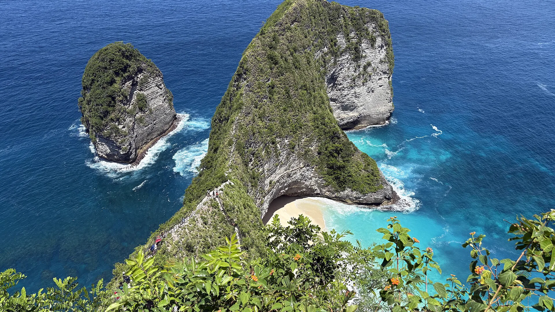 Falaise en forme de T-Rex et plage de Kelingking à Nusa Penida, vues depuis le sommet en plein jour