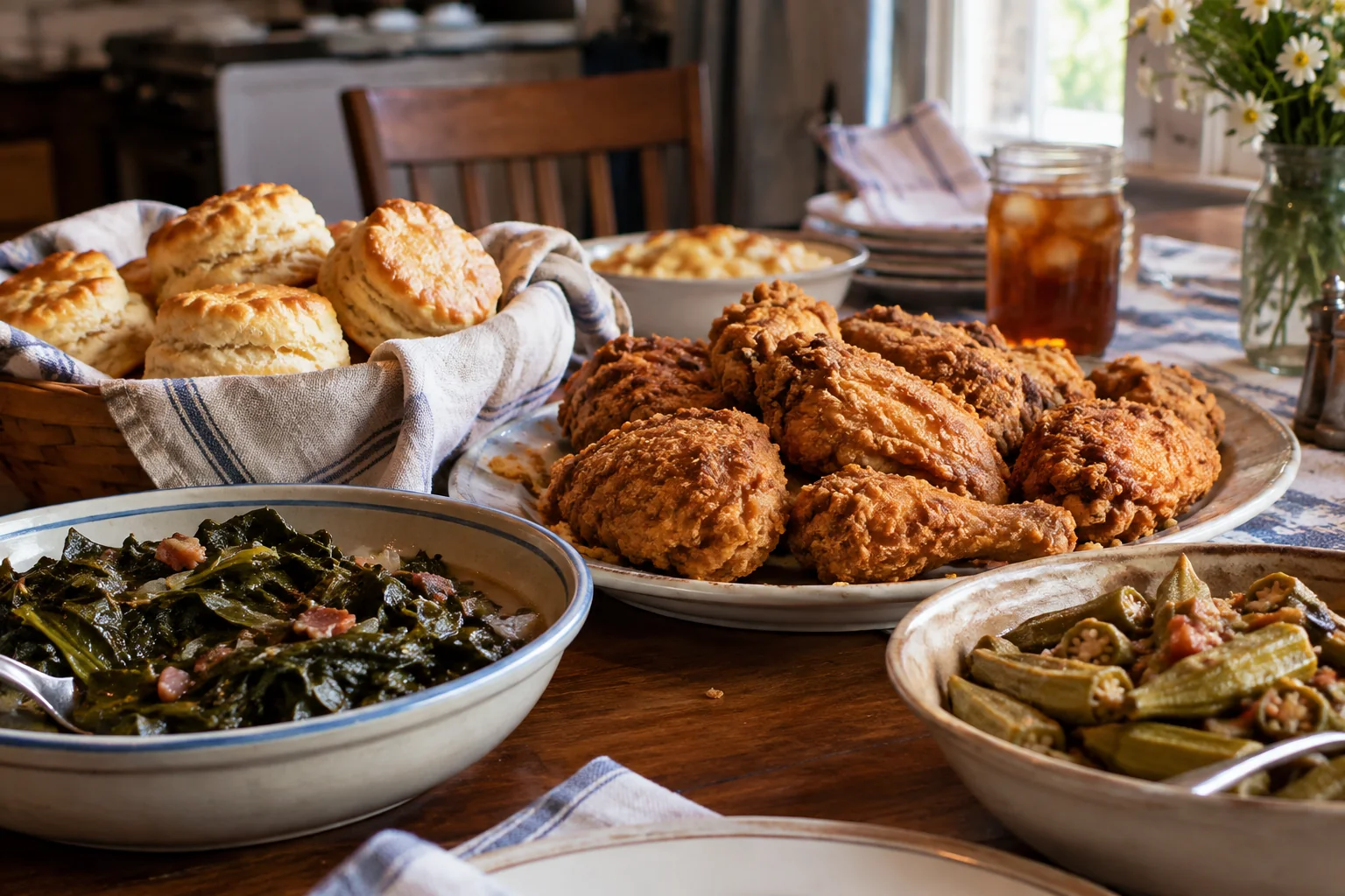 Table de cuisine du Sud avec spécialités servies à Atlanta
