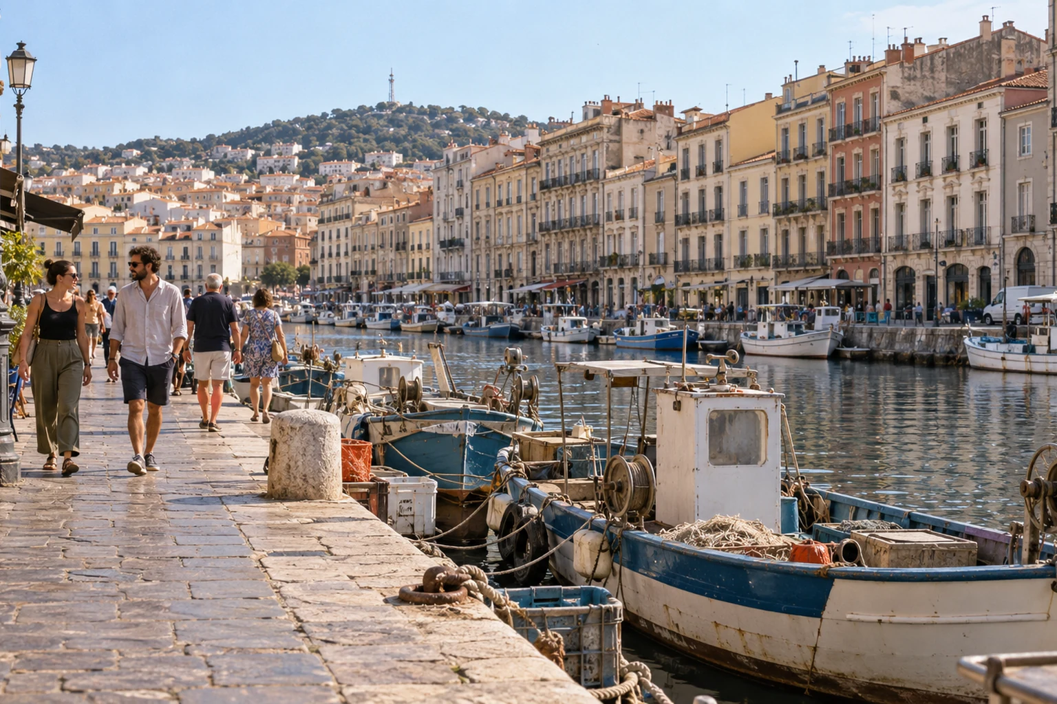 Promeneurs sur les quais du Canal Royal à Sète