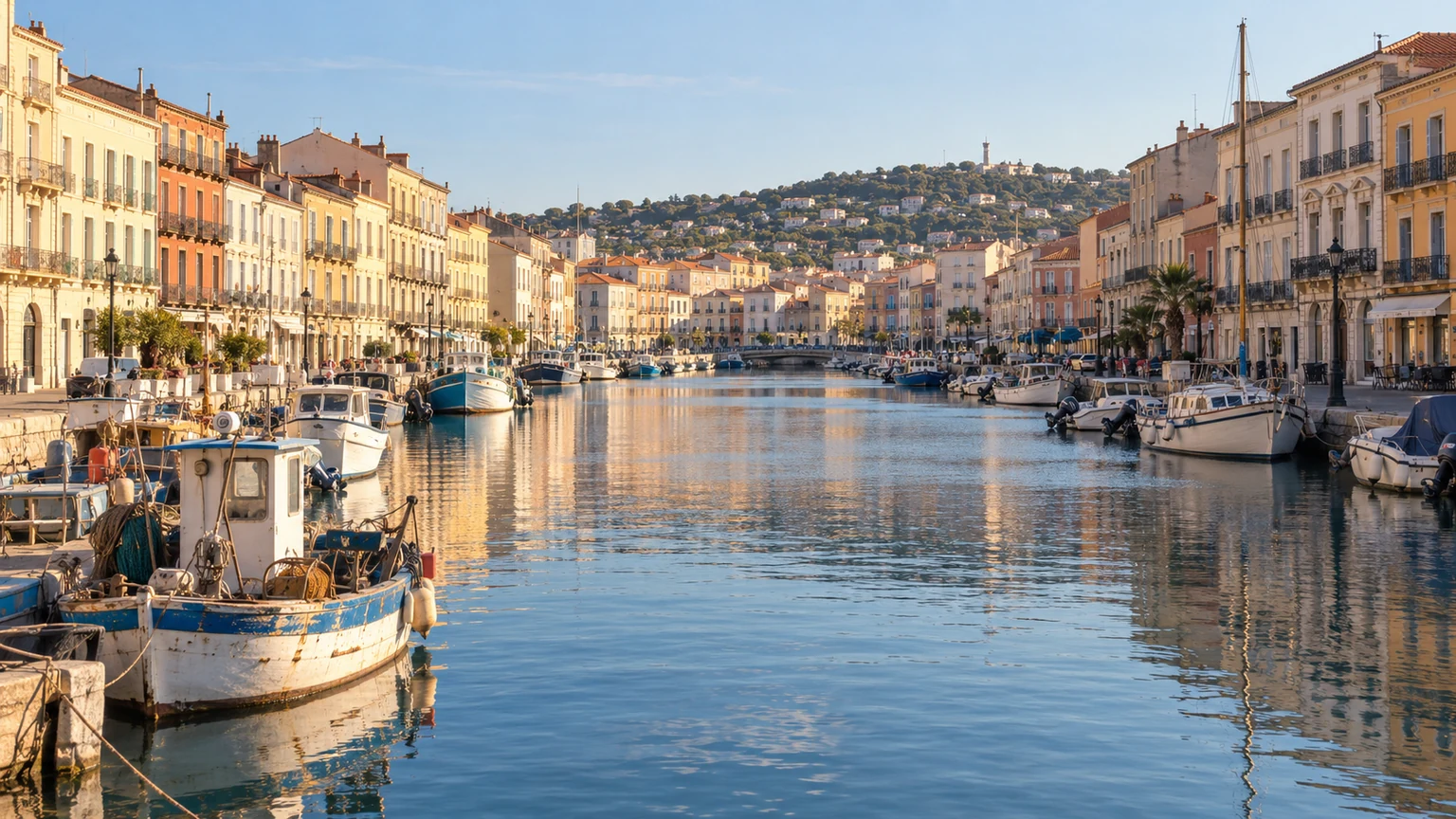 Canal Royal de Sète avec ses bateaux et façades méditerranéennes