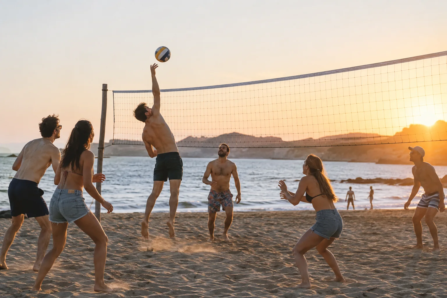 Groupe jouant au beach-volley en fin de journée sur une plage