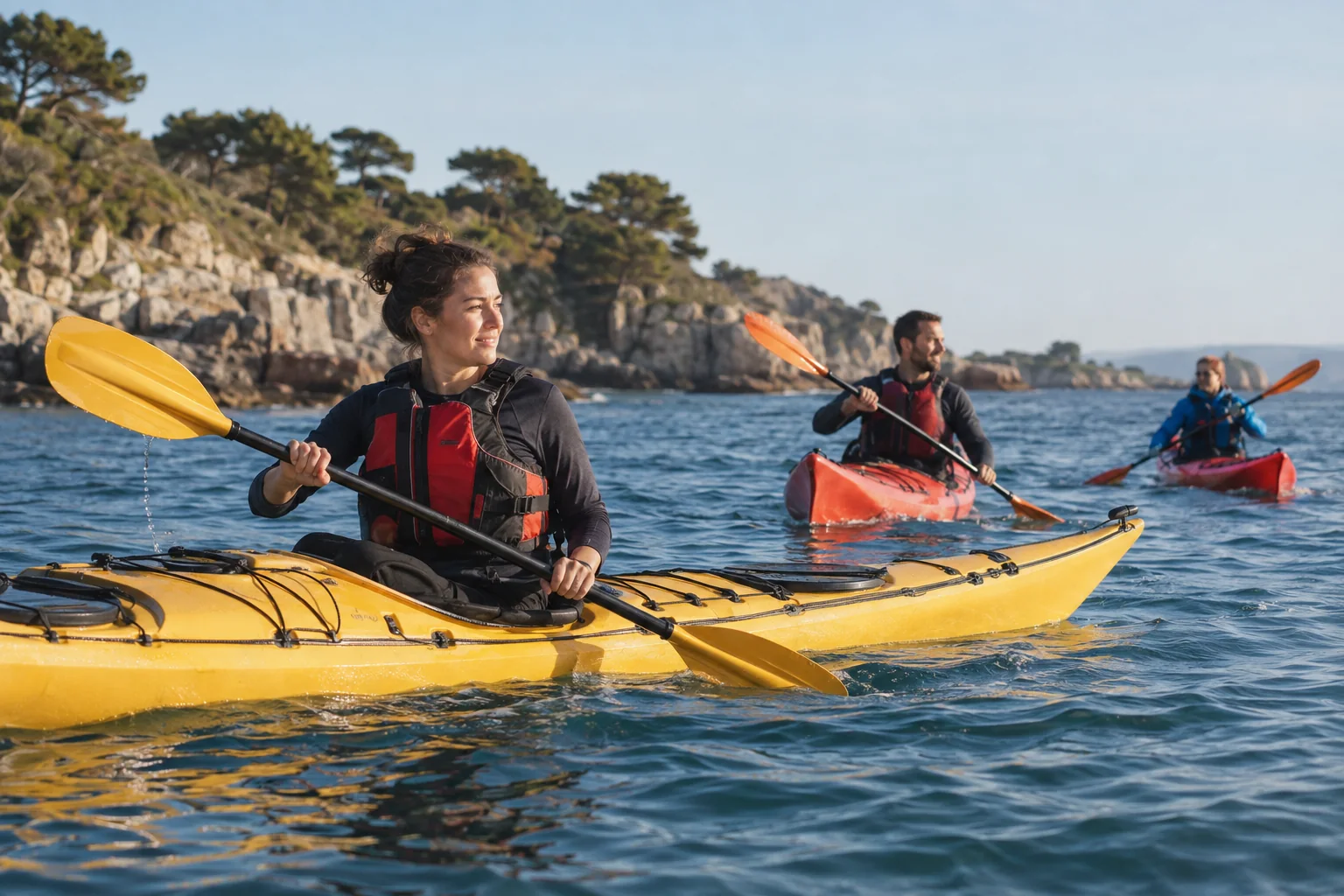 Groupe pratiquant le kayak de mer sur une côte française
