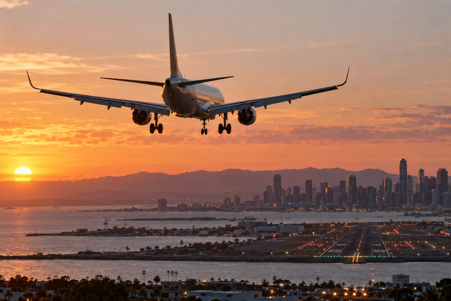 Avion à l’approche d’un aéroport américain au coucher du soleil