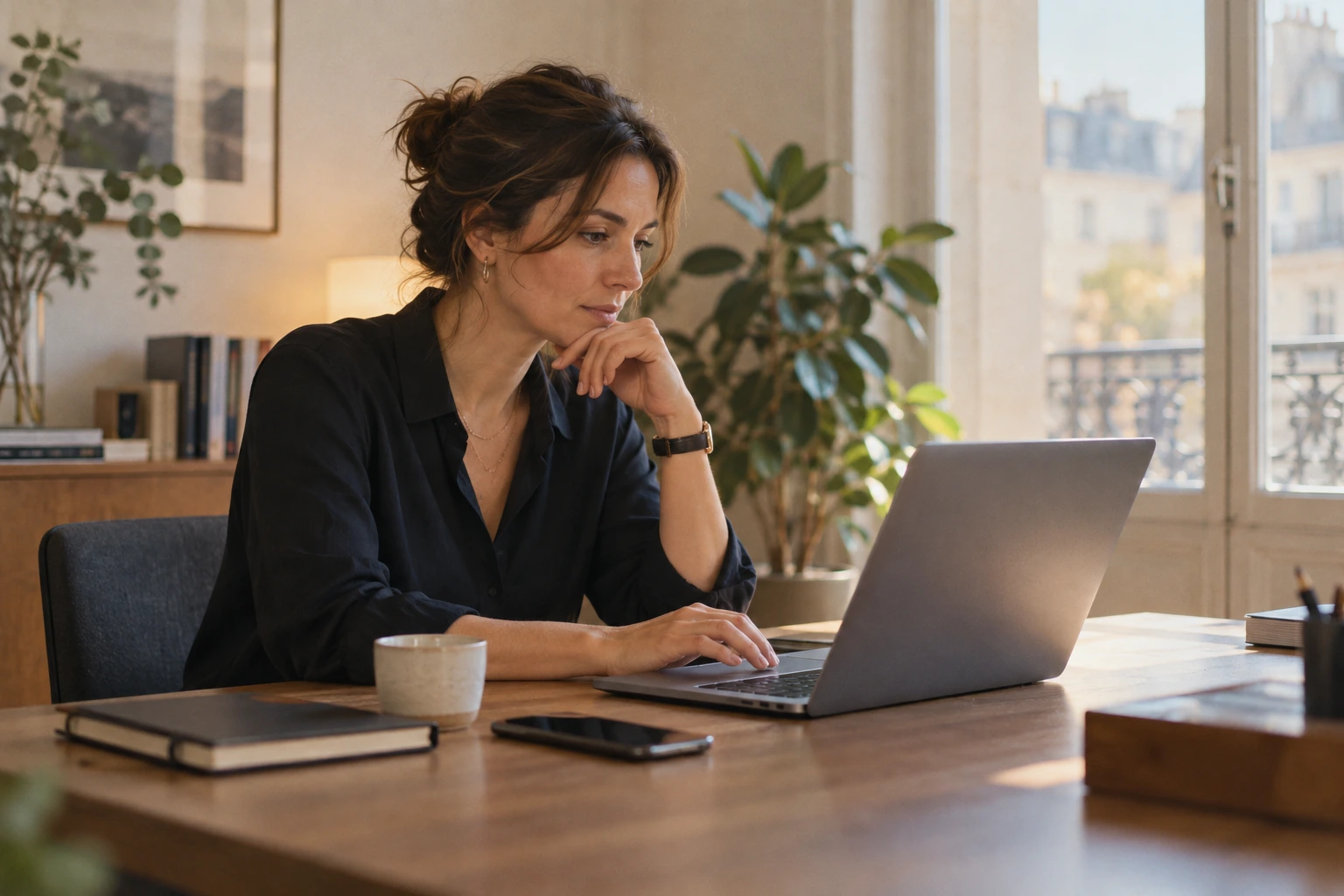 Professionnelle préparant un déplacement d’affaires depuis un ordinateur portable
