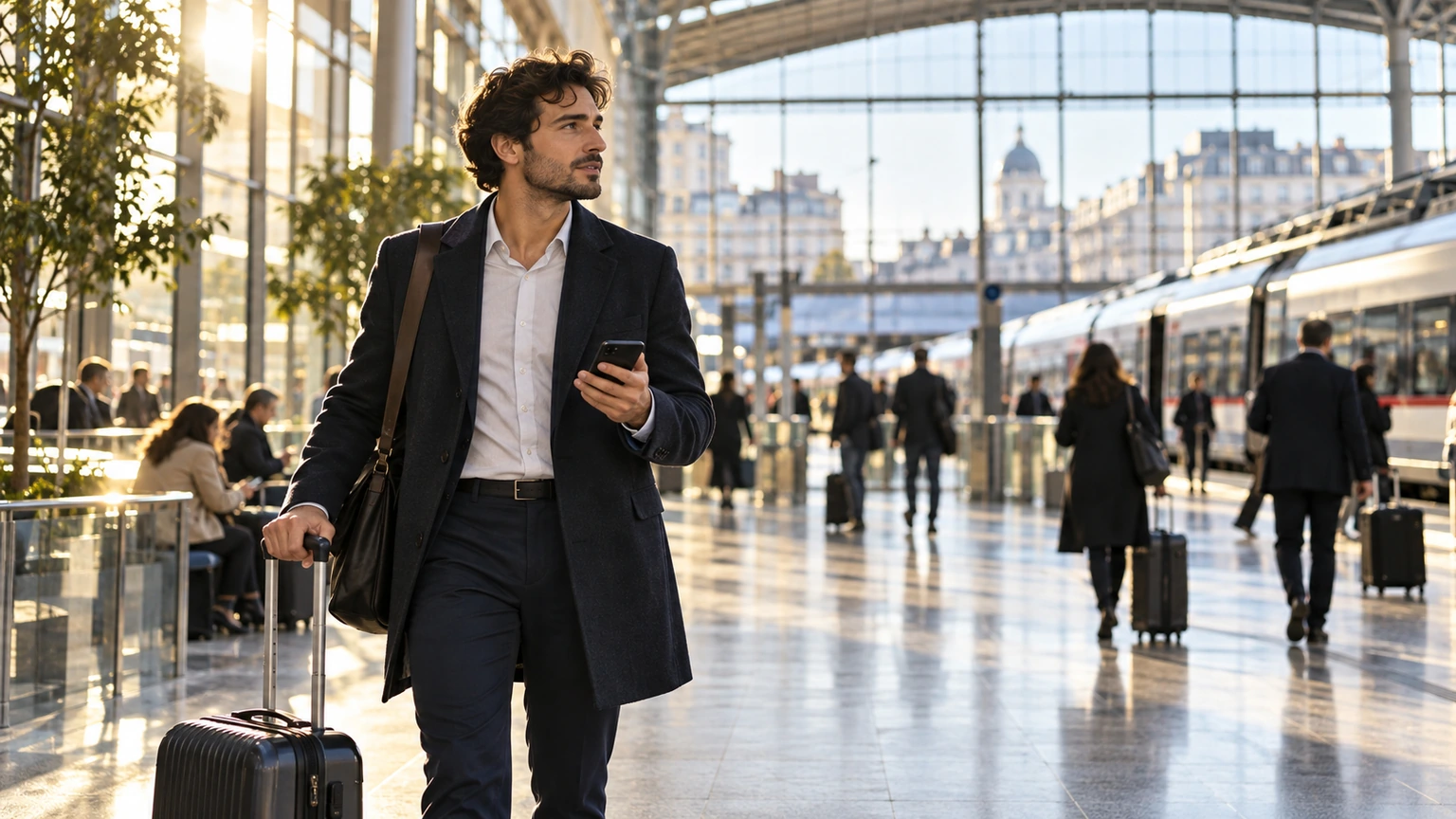 Voyageur d’affaires préparant son déplacement dans une gare moderne