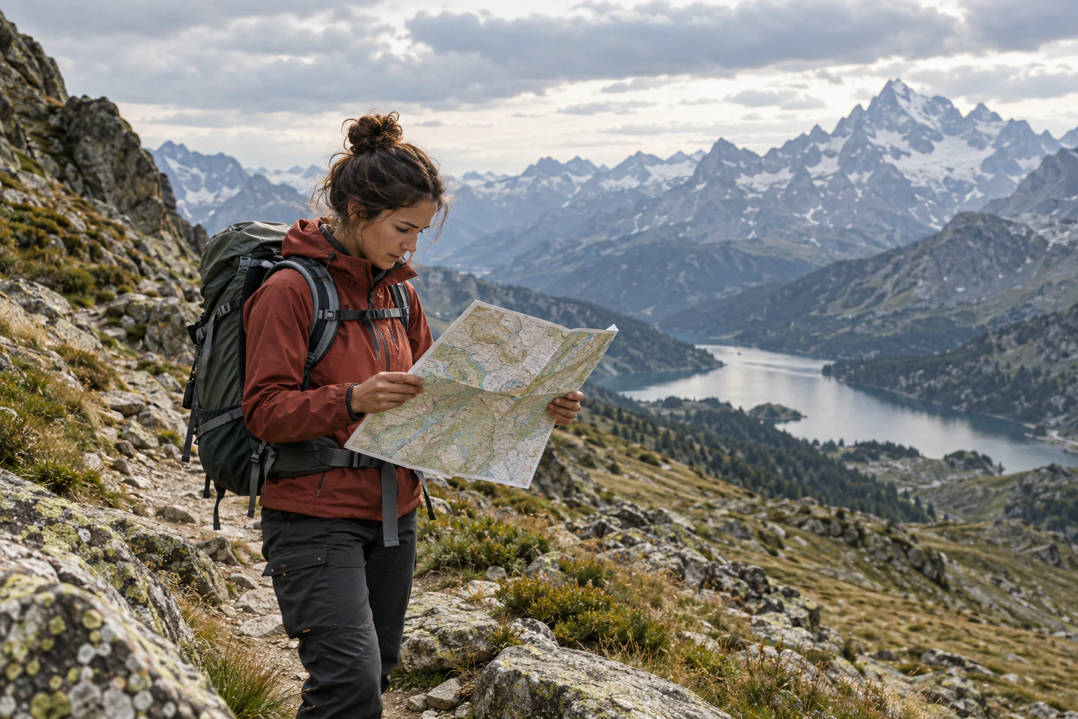 Voyageur traçant son parcours sur une carte papier