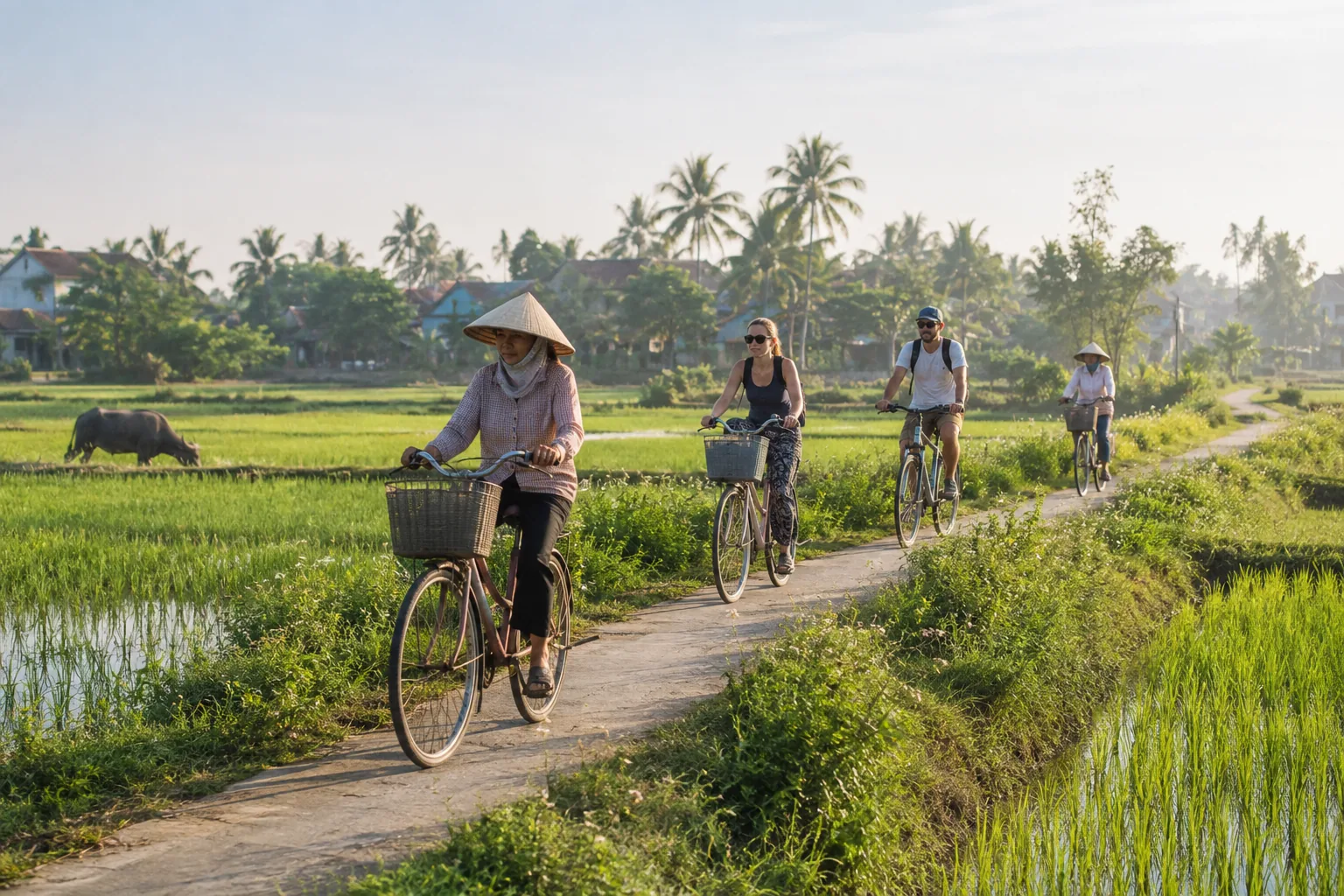 Cyclistes sur un chemin entre les rizières près de Hoi An
