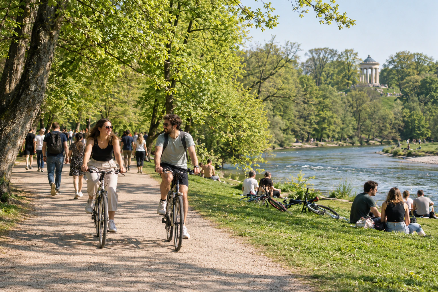 Promeneurs et cyclistes dans l’Englischer Garten à Munich