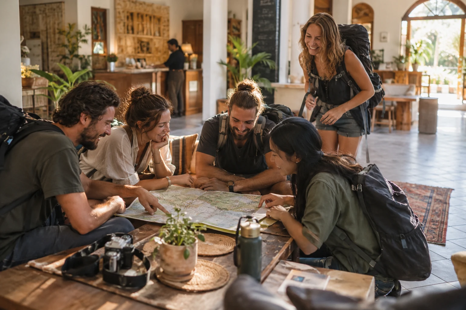 Petit groupe de voyageurs autour d’une carte Petit groupe de voyageurs autour d’une carte