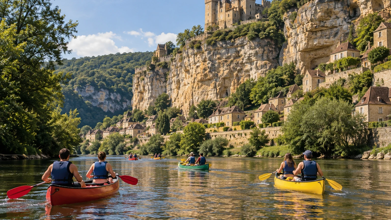 Canoës sur la rivière Dordogne au pied des falaises