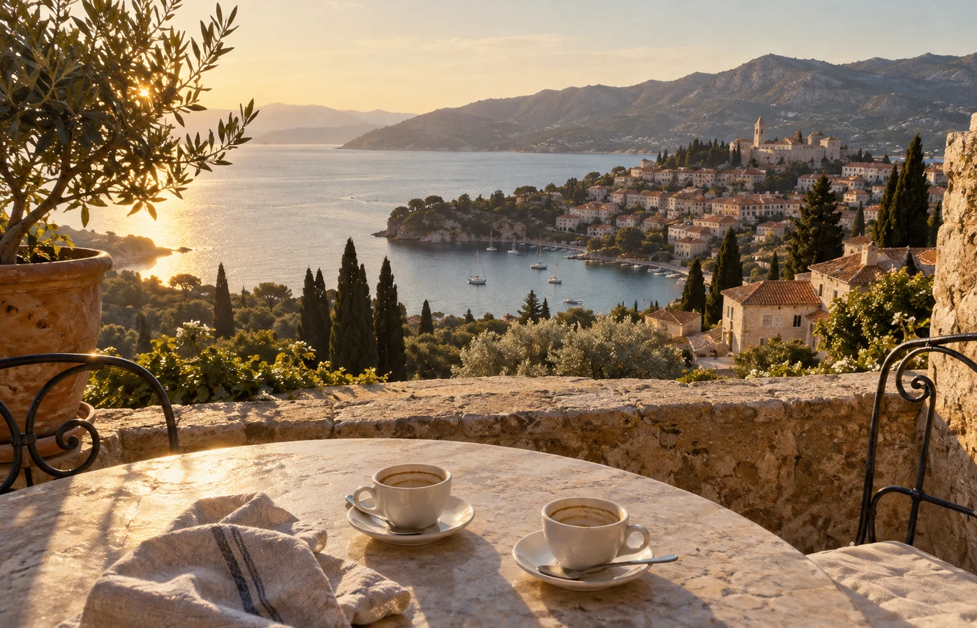 Terrasse au-dessus d’une baie, fin d’après-midi