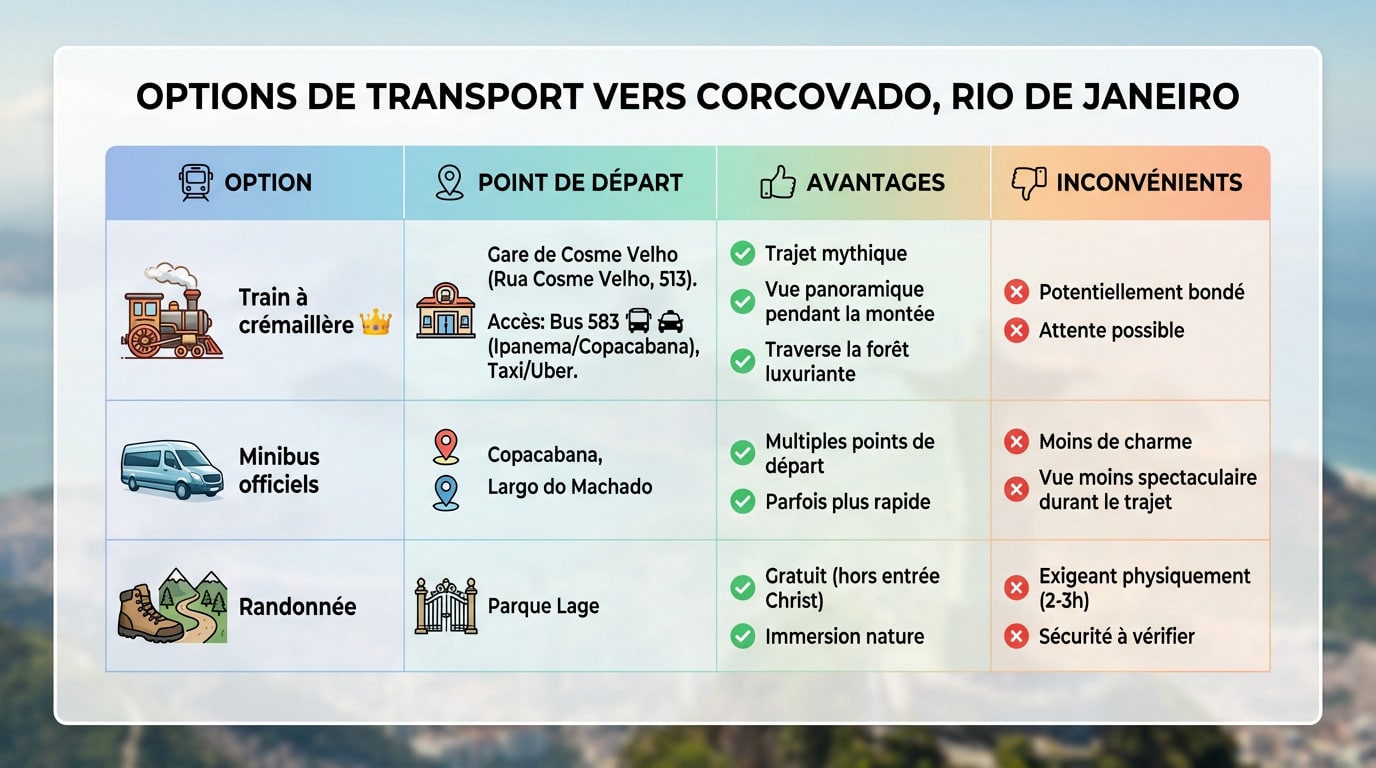 Comparatif des moyens de transport pour monter au Corcovado à Rio de Janeiro