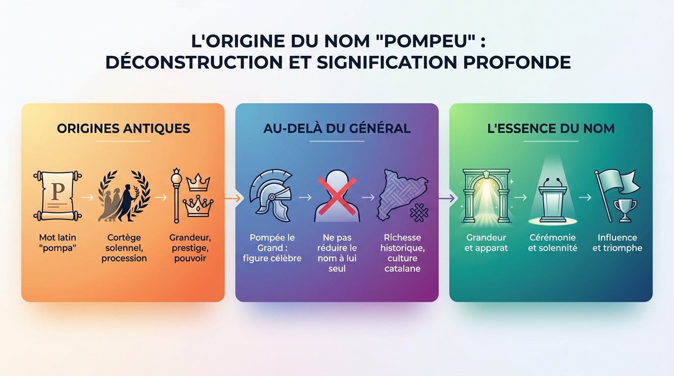 Illustration symbolique de l'origine latine du nom Pompeu et son lien avec les cortèges romains