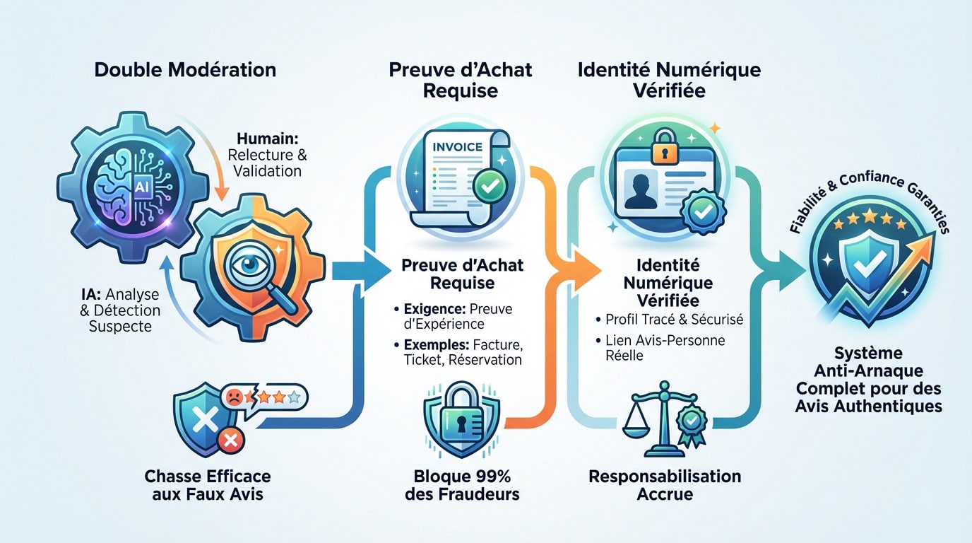 Schéma explicatif du système de vérification des avis par IA et modération humaine