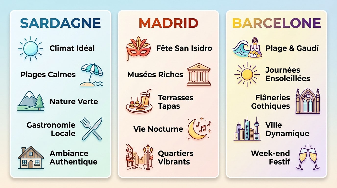 Panorama ensoleillé mêlant les plages de Sardaigne et l'architecture de Barcelone pour un voyage en mai