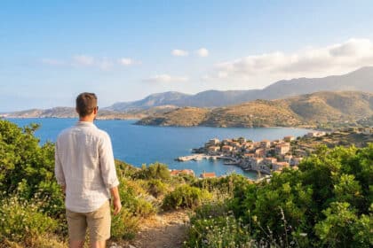 Man from behind views a picturesque coastal village on an azure bay, surrounded by green hills, under a clear blue sky. Lush foreground.