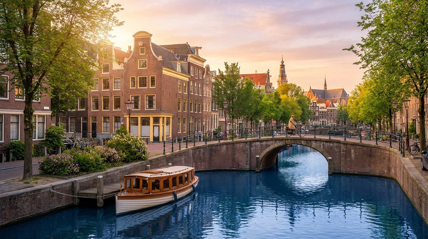 Canal d'Amsterdam au coucher du soleil. Un pont en briques, des maisons typiques, un cycliste et une péniche amarrée. Lumière douce.