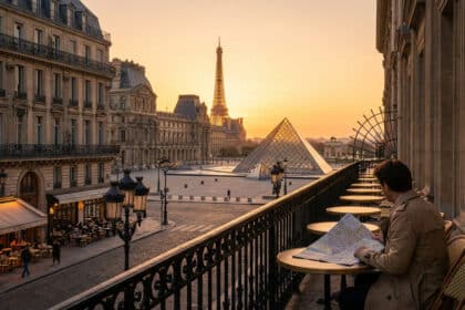Homme regardant une carte sur un balcon surplombant le Louvre, la Pyramide et la Tour Eiffel au lever du soleil.