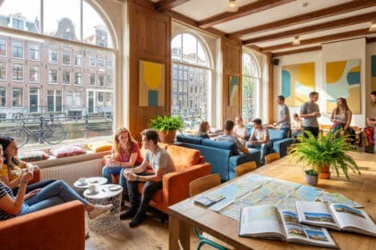 Salon animé d'une auberge de jeunesse à Amsterdam avec des jeunes, vue sur un canal et des cartes de voyage.